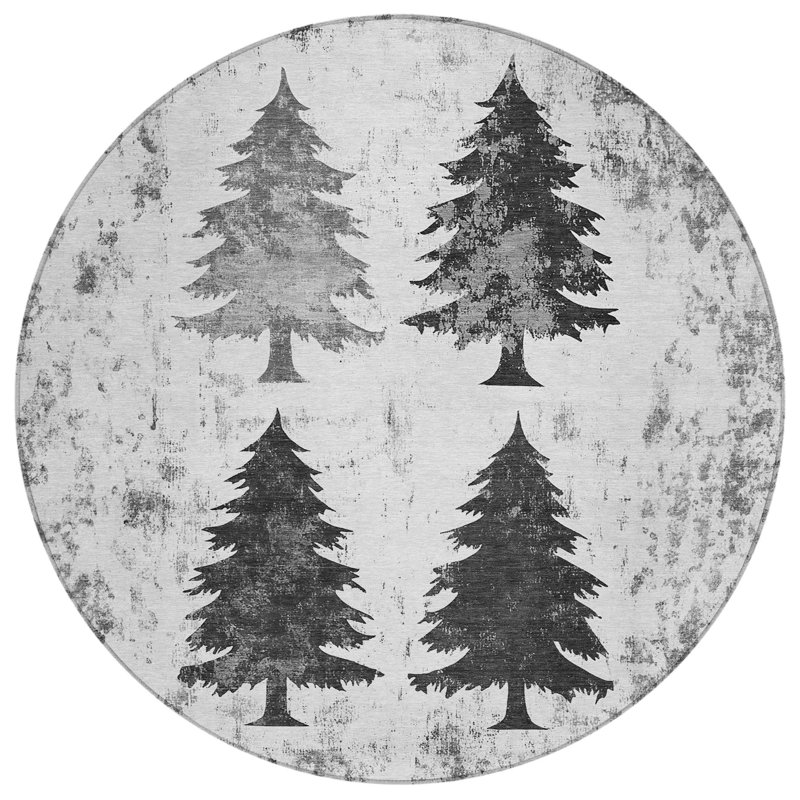 Machine Washable Indoor/Outdoor Christmas Tree Xhevrie Gray Rug, Round 8'