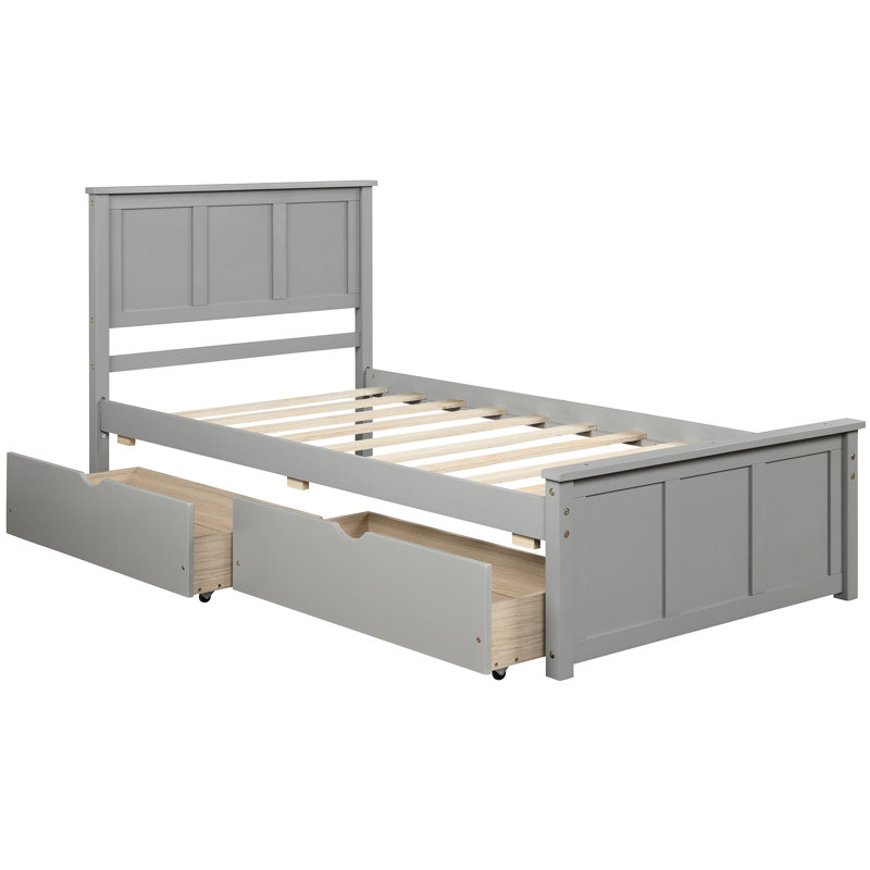 Lit plateforme simple avec 2 tiroirs sur roulettes, gris, bois massif et lit de construction, Gris