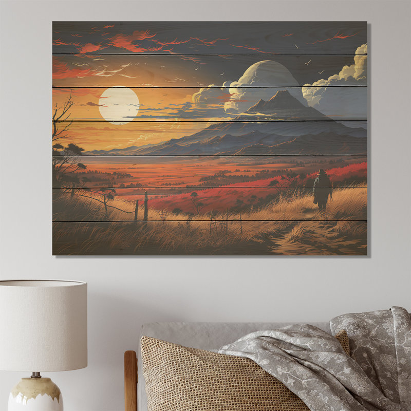 Coucher de soleil au coucher du soleil, chemin de paysage III - paysage sur bois, H 30 po x l 40 po x P 0,78 po