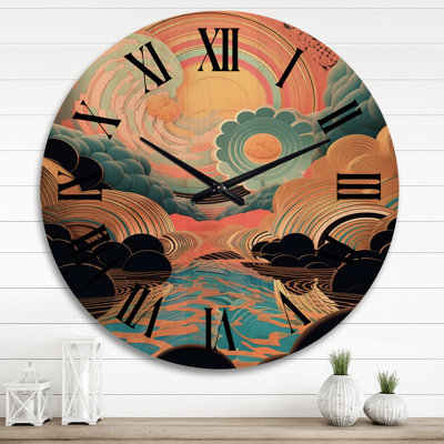Futuristic Cloudsin Retro Blue and pink - Abstract Landscape Oversized Wood Wall Clock