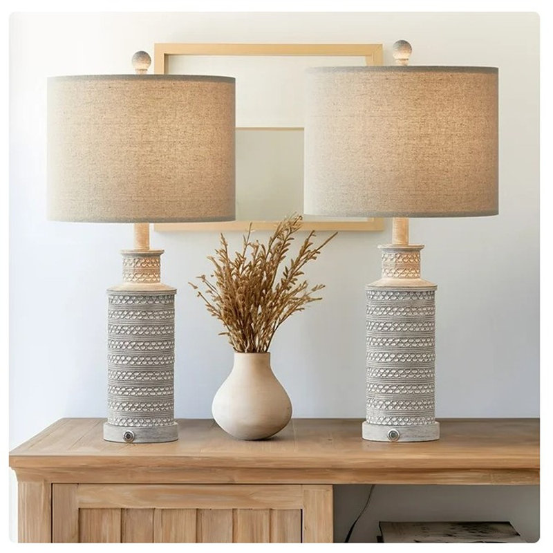 24.5" Beige and Gray Resin Farmhouse Table Lamp Set