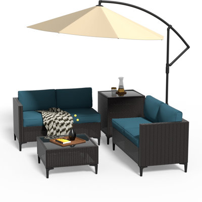 4-piece Outdoor Patio Furniture Set,all-weather Pe Wicker Sectional Sofa With Storage Box And Tempered Glass Table, Non-slip Blue Cushions, Perfect For Garden, Poolside, Or Backyard Lounge （Dark Brown&Peacock Blue）