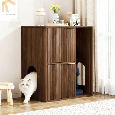 31.5 - Inch Cat Litter Cabinet In Walnut Color, Featuring A Tree, Dual Doors, And Spacious Storage Shelf. Hides Box Stylishly, Has Arched Openings For Access, Hemp Rope Wrapped Scratching Post. Made