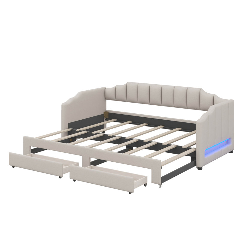 Twin XL Upholstered Daybed With Dual Storage & LED, Solid Wood Expandable Bed With Ergonomic Backrest, Convertible Twin XL To King
