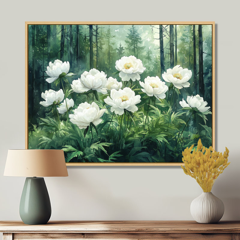 Giosue, pivoines d'été dans les pentes forestières I - pivoines, art mural, Impression encadrée flottante, Crème, crème