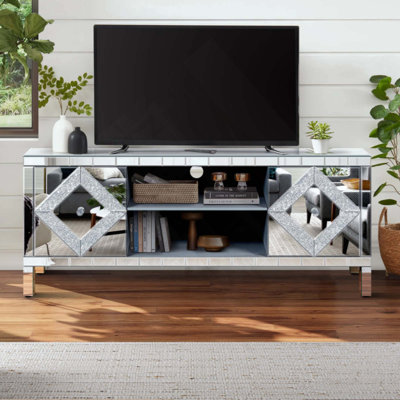Meuble télé en miroir pour téléviseur de 65 pouces et plus, console de télévision argentée avec rangement ouvert et 2 armoires de rangement, portes de miroir scintillantes en forme de diamant pour le salon