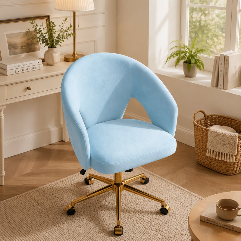 Chaise de bureau ajustable, pour la maison ou la chambre, chaise pivotante ergonomique, dossier inclinable, confortable pour une utilisation prolongée, base dorée, bleue