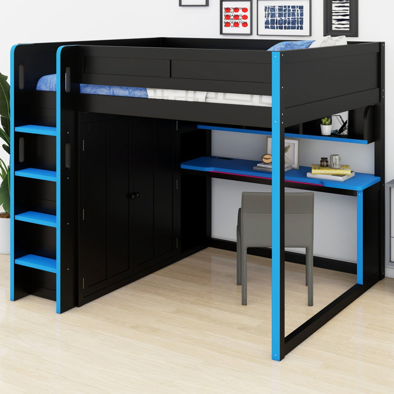 Le lit mezzanine avec armoire, bureau et éclairage offre un rangement optimisé et un style moderne pour la décoration de la chambre.