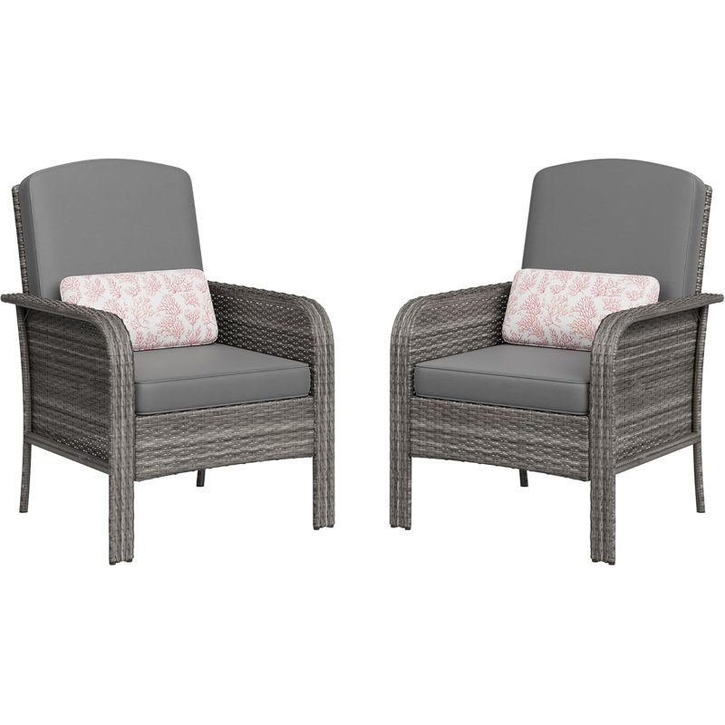 2-Piece Outdoor Patio Set, All-Weather Wicker Chairs with High Back & Cushions for Deck, Porch, Garden,Gray Rattan+Gray Cushion