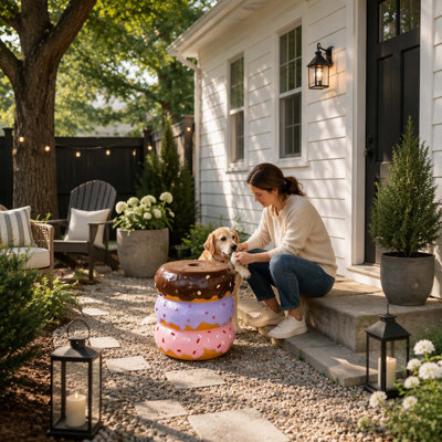 14" Stacked Donut Stool, Colorful Dessert Character Side Table Decor, Indoor & Outdoor Creative Figurine Seat for Patio, Garden, Living Room Home Decor