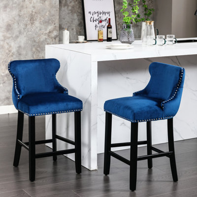 Blue Velvet Upholstered With Button Tufting, Wooden Legs And Trim - Of 2 Sw1824bl Exquisite Chairs