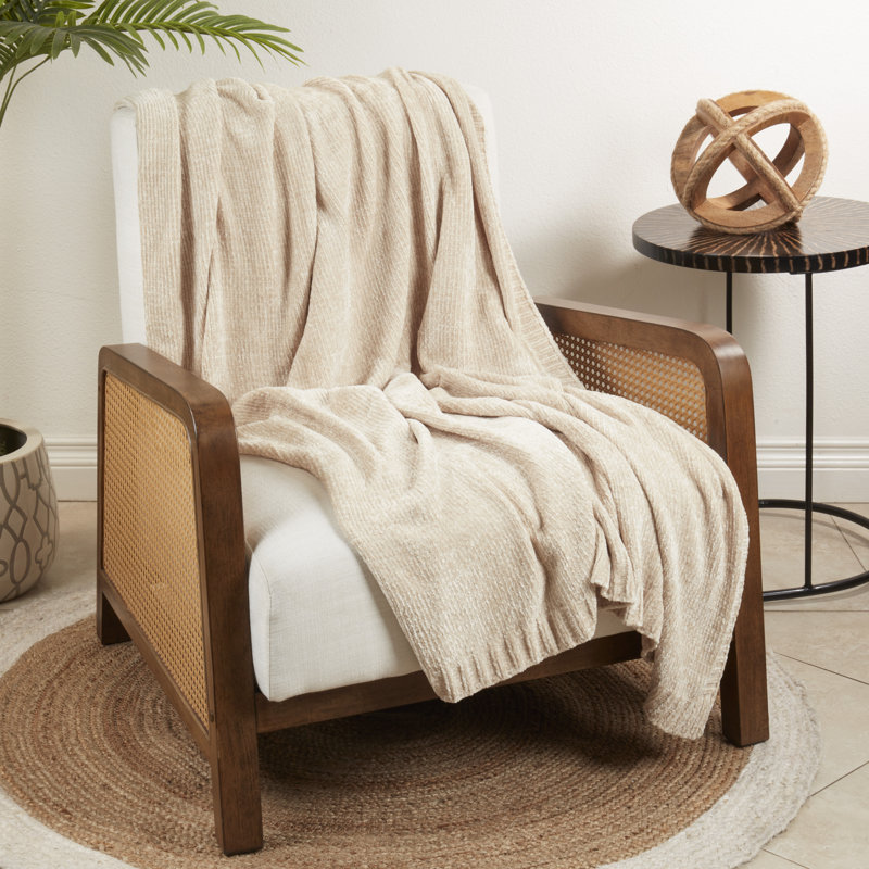 Oatmeal Beige Knitted Chenille Throw Blanket 50" x 60"