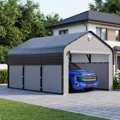 10' W x 16' D Heavy-Duty Galvanized Steel Carport with Removable Gray Fabric Walls & Solar Light, All-Weather Outdoor Shelter for Backyard, Courtyard, Outdoor