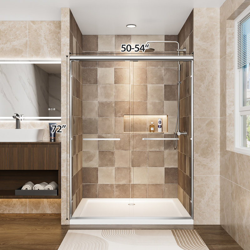 72" High Aluminum Double Sliding Shower Door 54" Wide, 1/4" Tempered Glass, - Shatter Film, Dual Stainless Handles, Adjustable Width, Easy To Install, Waterproof Design In Bathroom With Frame, W X H,