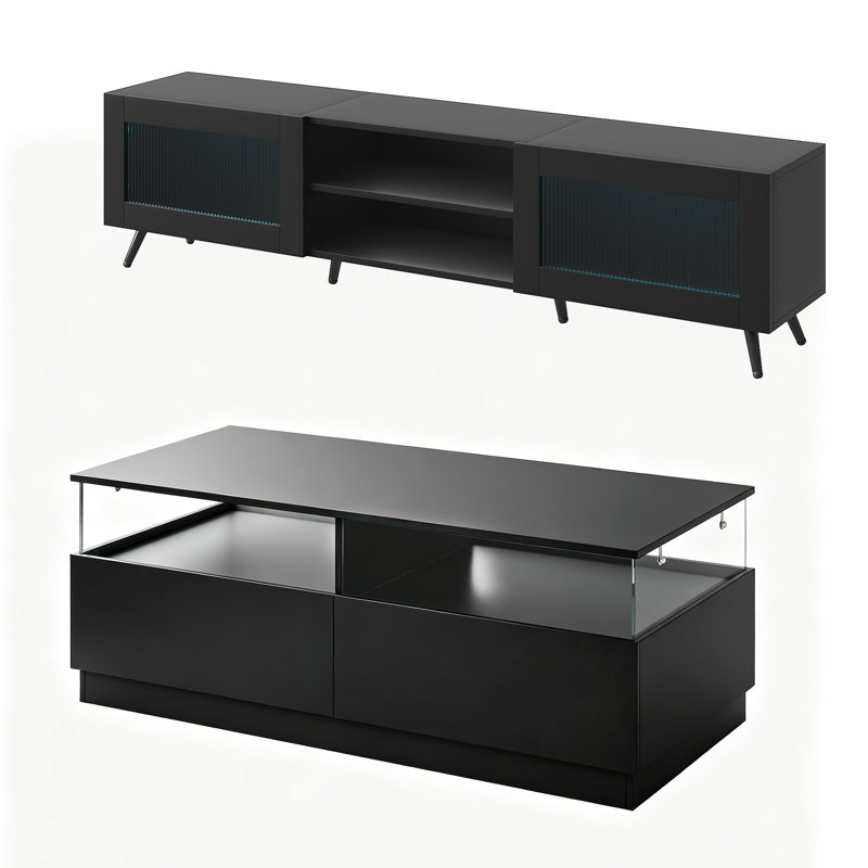 Meuble télé et table basse modernes à DEL pour salon (ensemble de 2), Noir