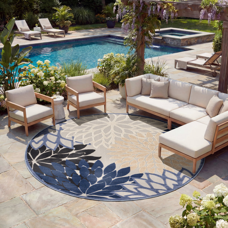 Ciann Floral Blue Multicolor Indoor / Outdoor Area Rug, Round 7'10"