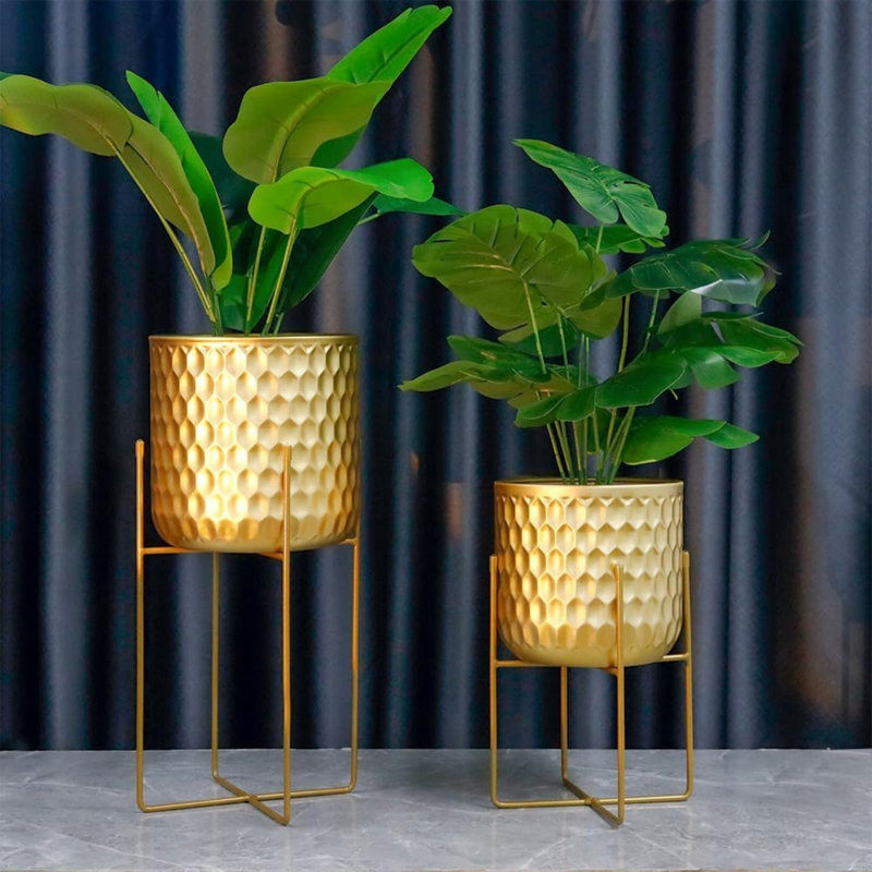 Set of 2 Gold Metal Planters with Stands for Living Room