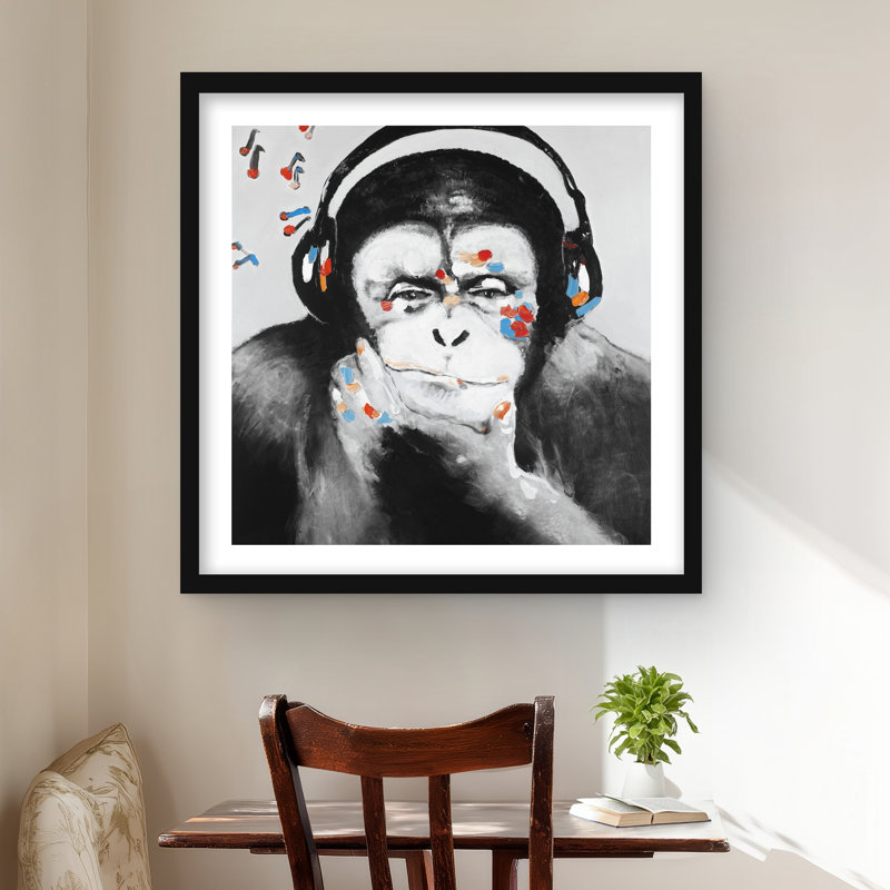 Singe avec écouteurs - animaux contemporains, reproduction encadrée, H 24 po x l 24 po, Noir