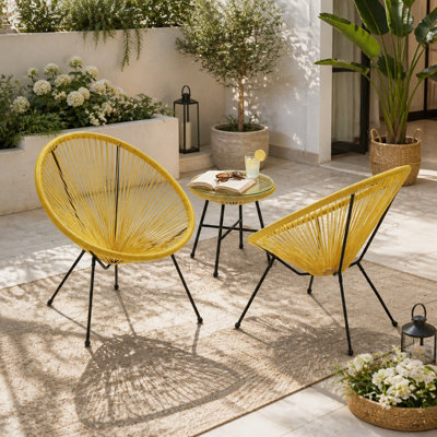 Ensemble de 2 chaises de bistro Anson, chaises d'extérieur en faux rotin avec structure en acier, chaises rondes modernes pour patio, jardin et piscine (jaune)
