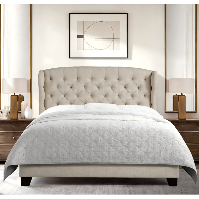 Lit rembourré en tissu de luxe, tête de lit capitonnée avec cadre à hauteur réglable - Lit plateforme robuste pour chambre d'amis