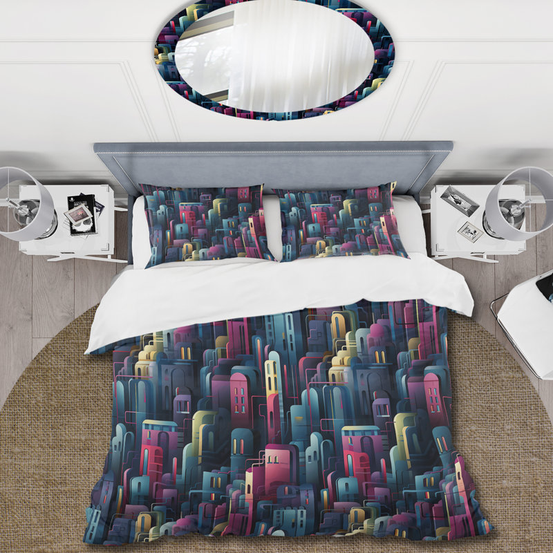 Blue And Purple Dynamic Cityscape Delight - Ensemble de housse de couette rayé