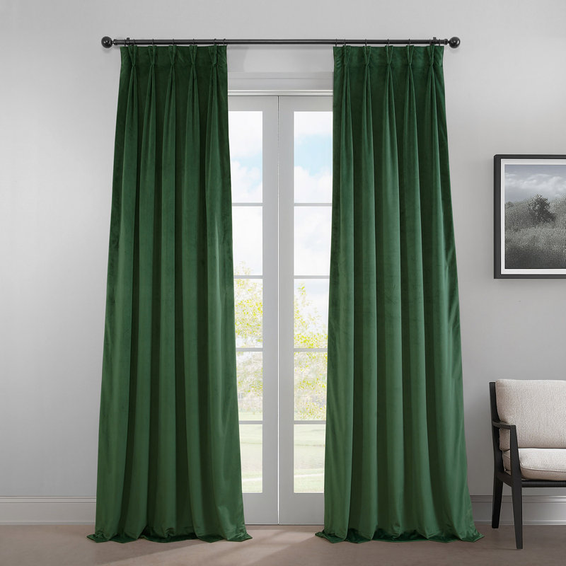 French Pleat Heritage Plush Velvet Room Darkening Single Curtain Panel, Eden Green, 25" W x 108" L