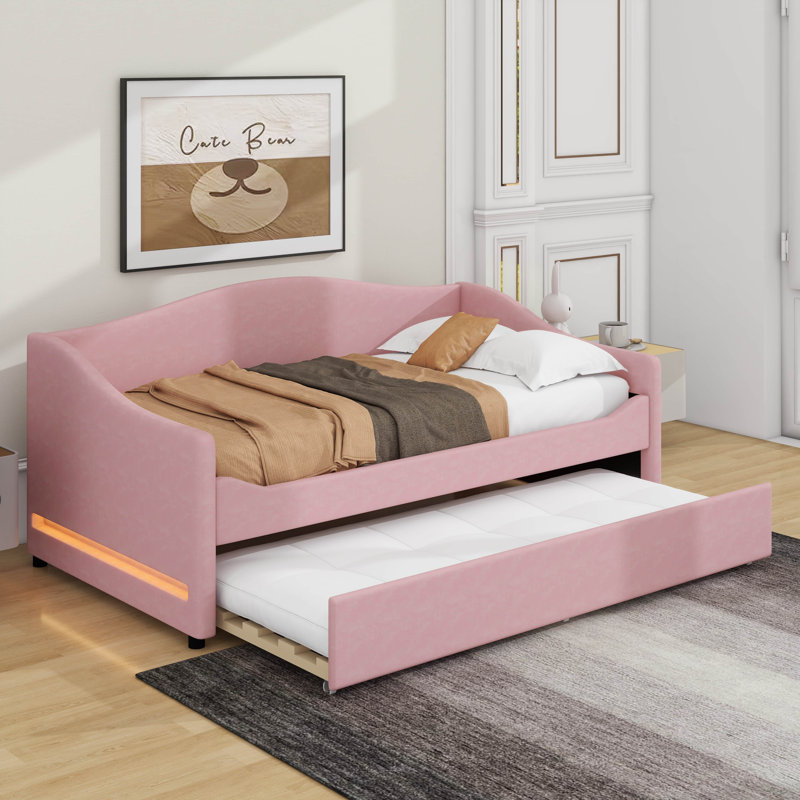 Lit de jour simple tapissier avec lumière et lit gigogne, Rose