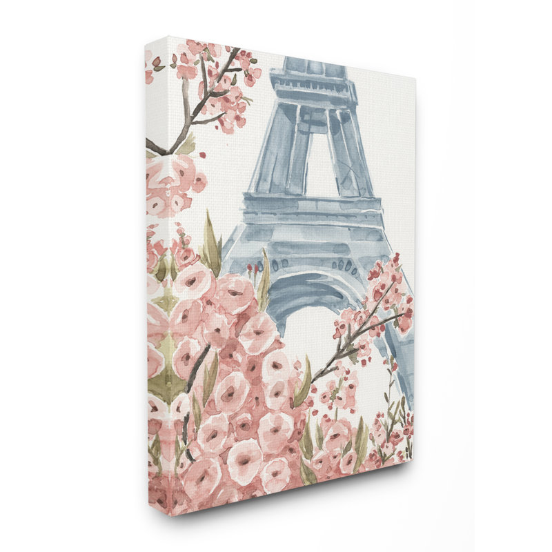 «Paris Flowers Eiffel Tower Pink Blue», reproduction d'art, Toile tendue, H 16 po x l 20 po x P 1,5 po