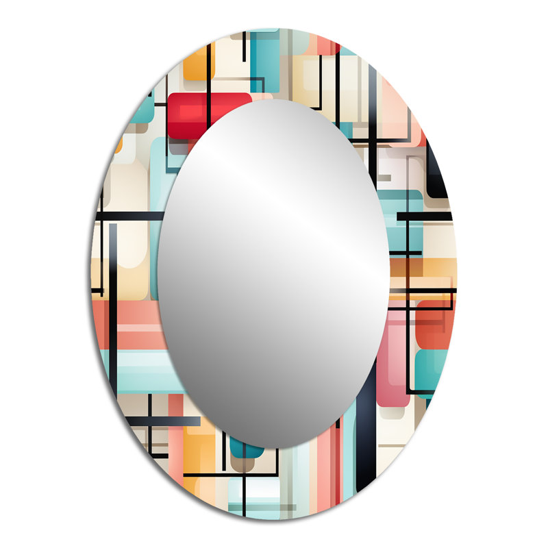 Gridlock géométrique vert et rose - Miroir décoratif géométrique ovale sur métal, H 40 po x l 30 po