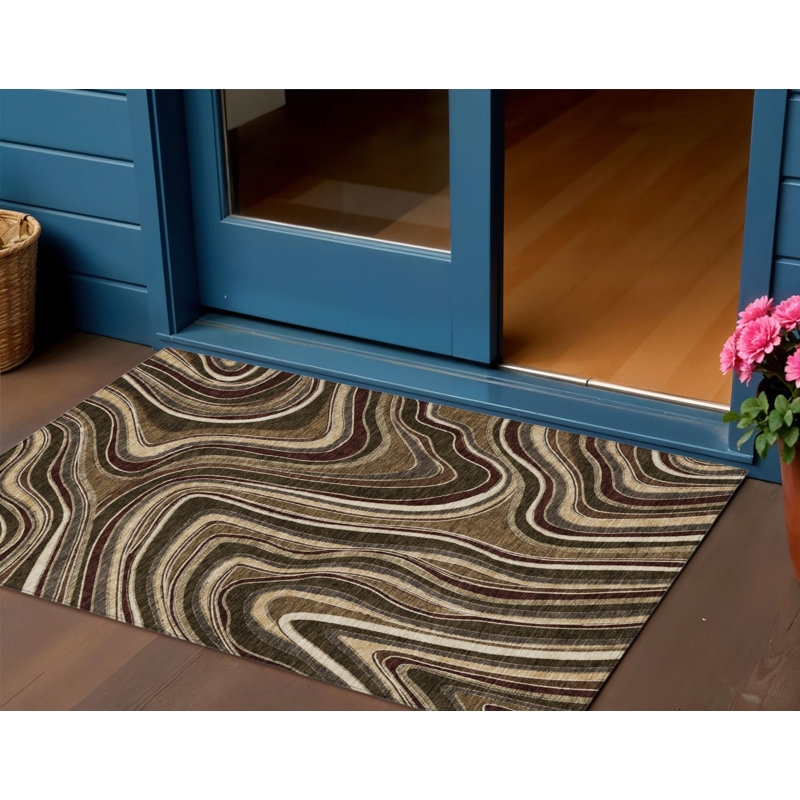 3' X 5' Ivory Abstract Washable Indoor Outdoor Area Rug