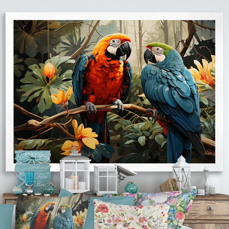 «Tropical Parrot Plumage I», art mural grand perroquet, H 30 po x l 40 po x P 1,5 po, Cadre simple blanc