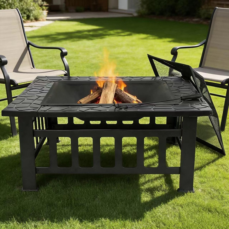Foyer extérieur 32 po avec barbecue - Foyer carré au bois avec pare-étincelles et tisonnier pour la cour, le patio et le camping