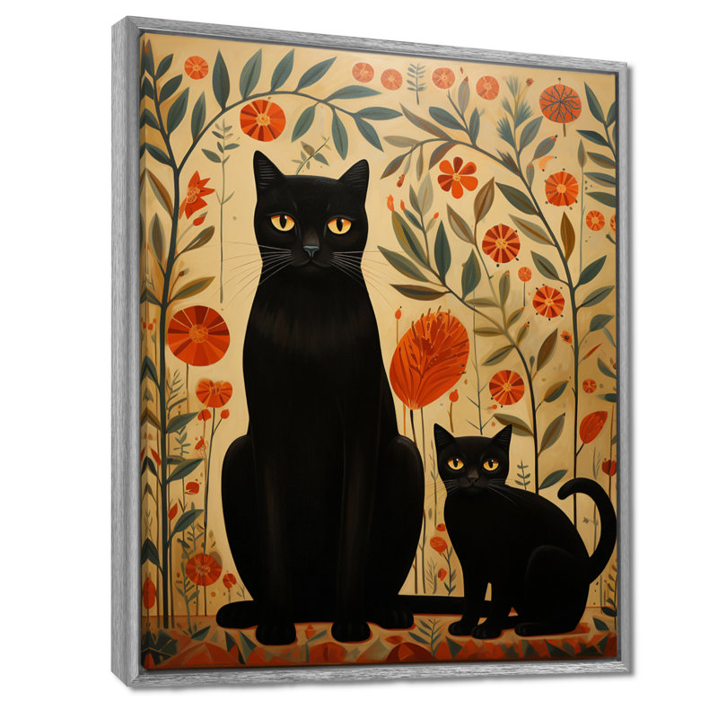 Chat noir, mère et chaton, art floral rétro, salon mural, Toile argentée avec cadre flottant, H 44 po x l 34 po