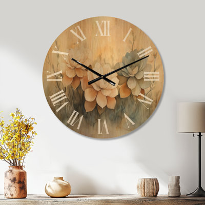 Horloge murale ronde en bois de style bohème, ornée de succulentes dorées