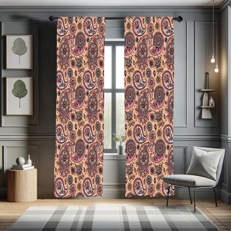 Ebern Designs Paisley Curtains, Vintage Leaf Flower Motif, Pair of 28", 28" W x 63" L, Peach Rose