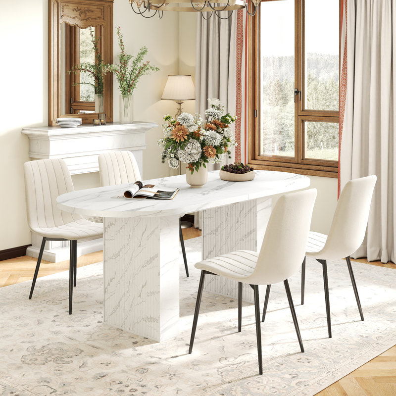 Oval Dining Table Set With 4-6 Matching Chairs For Dining Room, Beige, 5 Pieces: Table, 4 Chairs