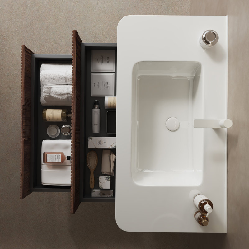 36" White and Deep Walnut Wall-Mounted Plywood Bathroom Vanity with Sink