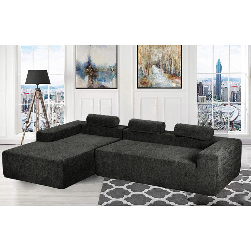 Compression Sofa Upholstered L-Shaped Sectional, Left Hand Facing, Blue Polyester Blend