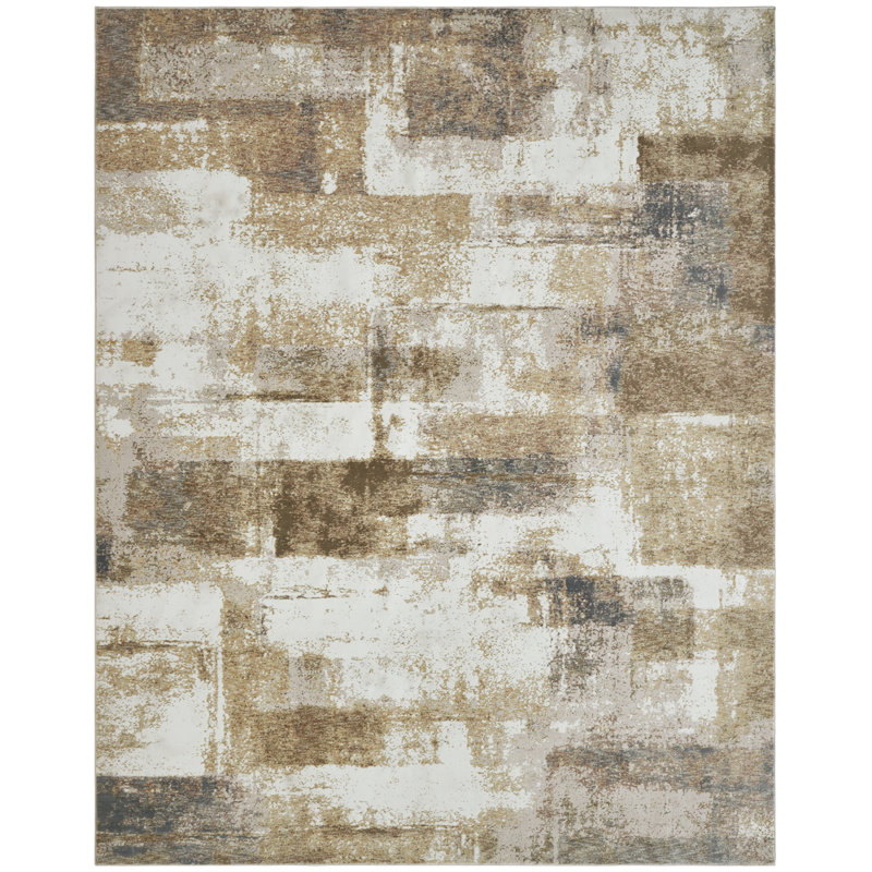 Wallburg Ivory Gold Brushblock Abstract Area Rug, Rectangle 7'6" x 9'6"