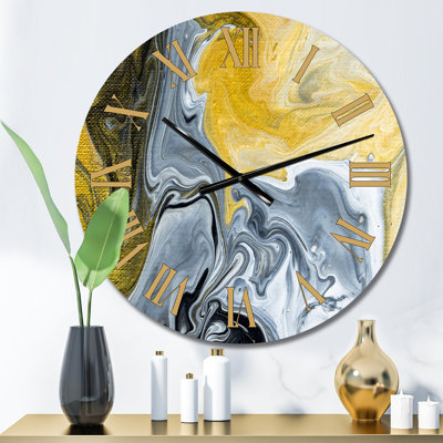 Black White And Yellow Marble Abstract II - Modern Wall Clock