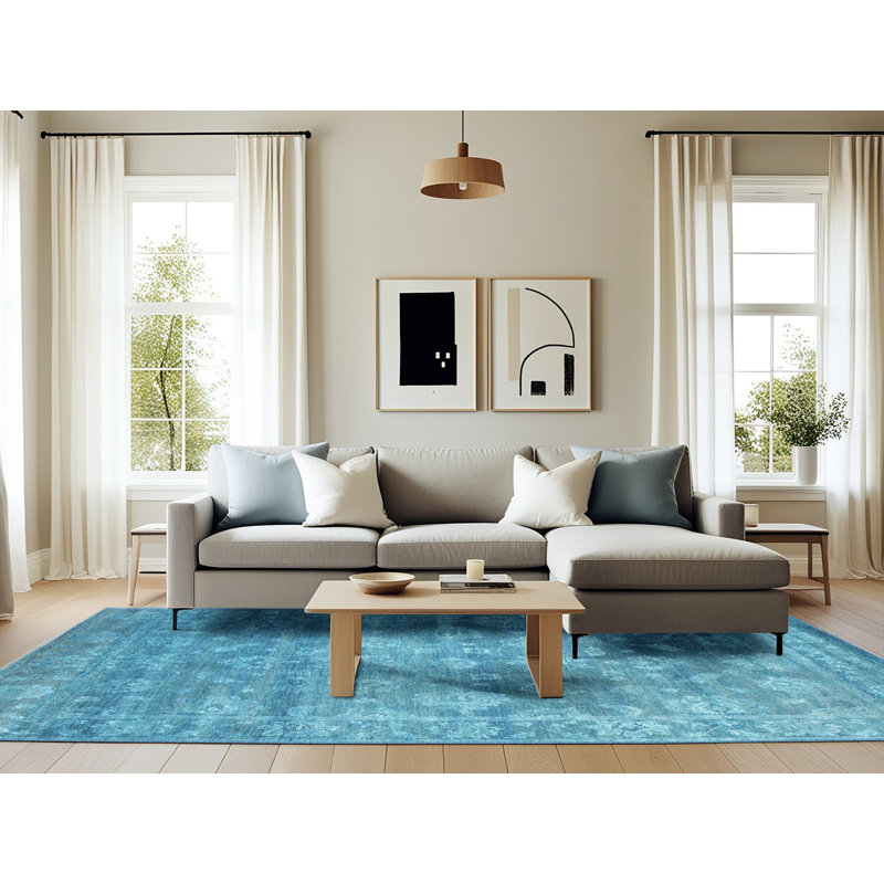 Tapis bleu ciel contemporain, Rectangle 6 pi x 9 pi