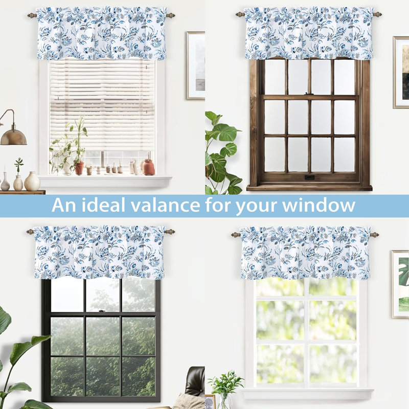 Navy Gray Floral Rod Pocket Thermal Insulated Valance