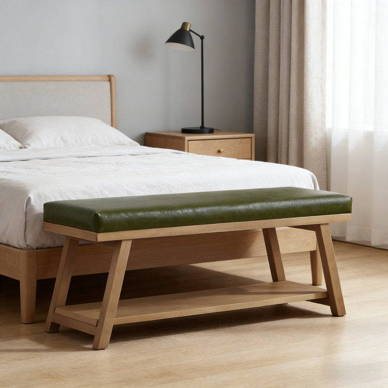 Banc de rangement en cuir Premium, Light Yellow Wood/Green