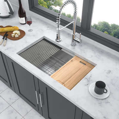 Évier de cuisine en acier inoxydable de calibre 18, 33 * 19 * 9 pouces, changement de mode de poste de travail, drainage facile, humidité, tampon, guide d'installation