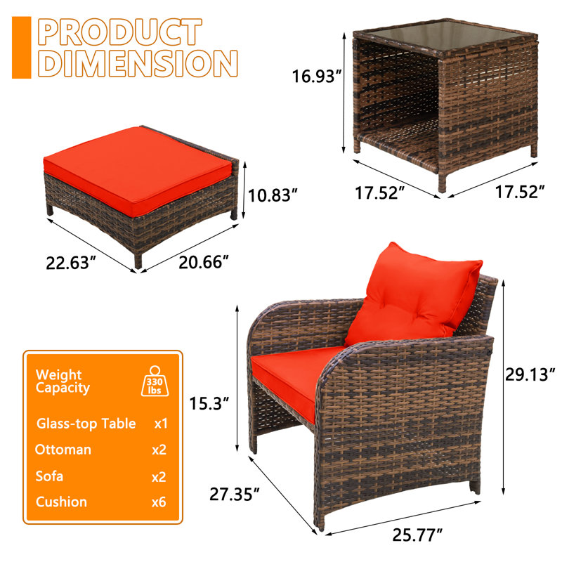 Constantino 2-Person Outdoor All-Weather Wicker Conversation Set with Ottomans and Tempered Glass Coffee Table