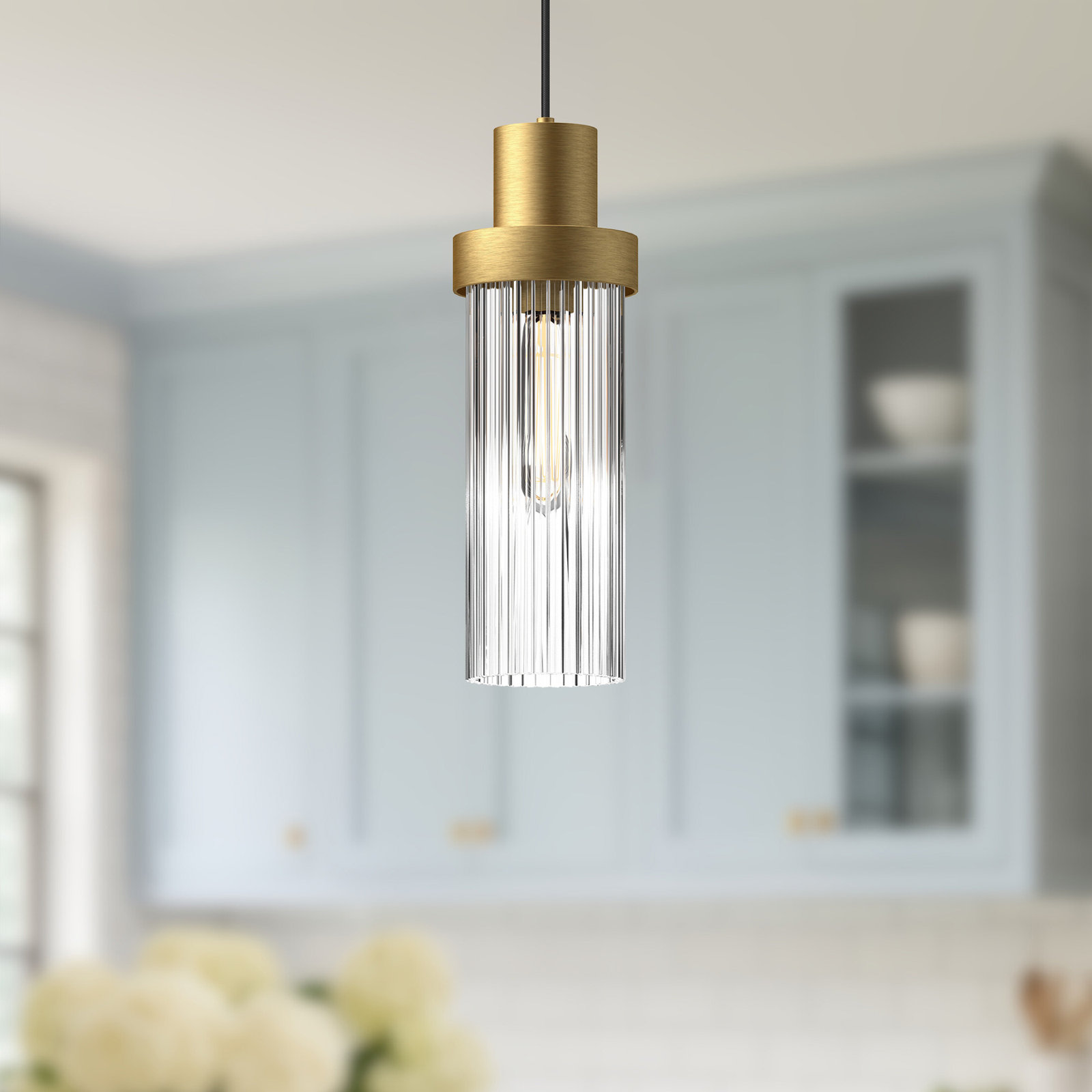 Hermit Single Light Ribbed Glass Pendant, Brushed Gold