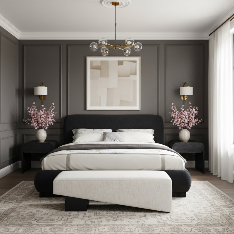 Ivalda Upholstered Panel Bed, Black Boucle Fabric, King