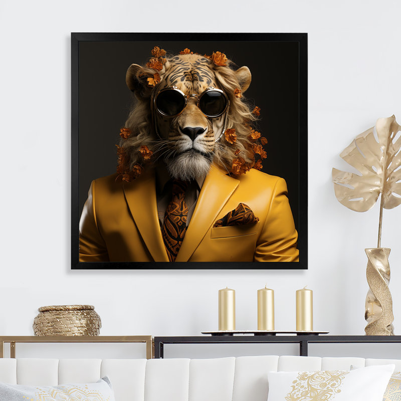 Lion en costume à la mode - Lion, art mural, Cadre photo noir, H 30 po x l 30 po x P 1,5 po