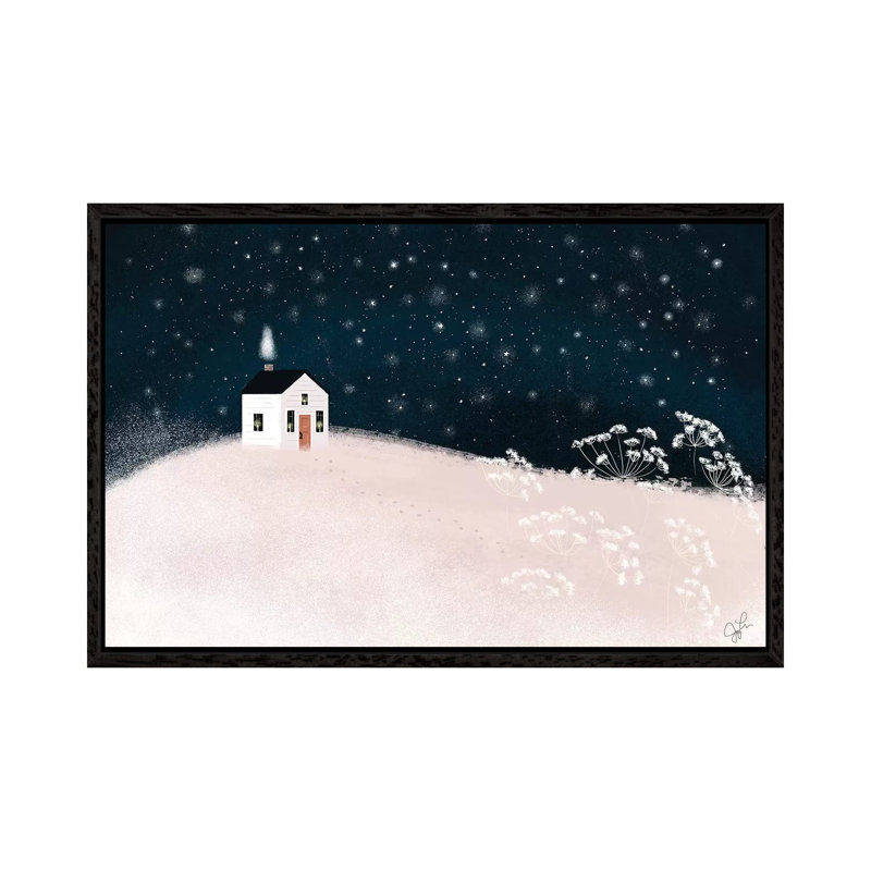 Starry Snowy Night by Joy Laforme - Painting on Canvas, Black Framed, 66.04cm H x 101.6cm W x 3.81cm D