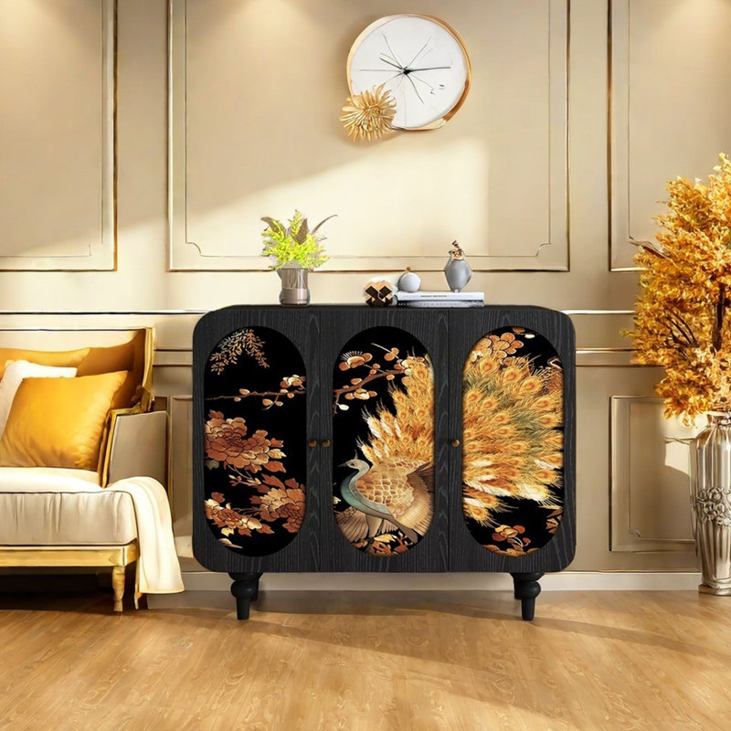 Gold silk peacock design solid wood sideboard, Black